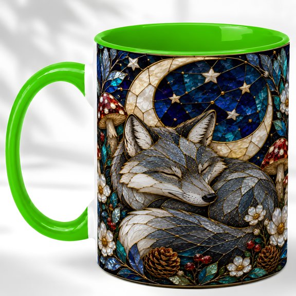 Sleeping Gray Fox Coffee Mug, Night Woodland Mug, Ceramic 11 oz