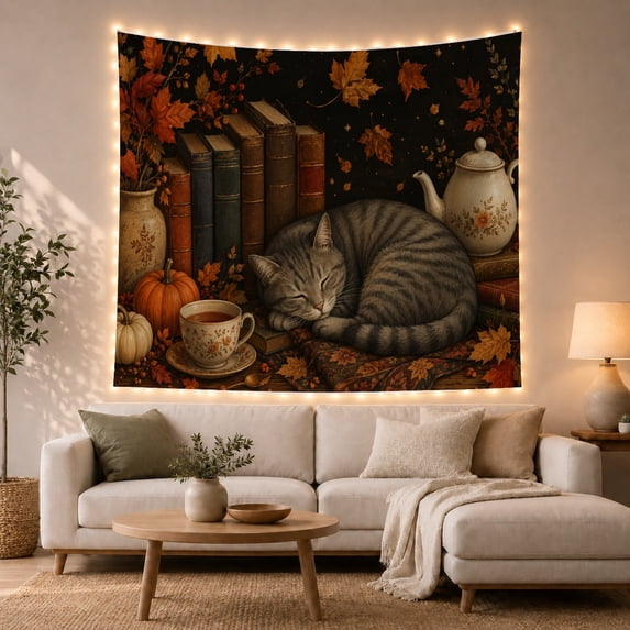 Sleeping Gray Tabby Cat on Autumn Books and Teaware Cozy Vintage for Book Lovers Library Cat Decor Housewarming Gift Tapestry Wall Hanging for Bedroom, Living Room and Home Library