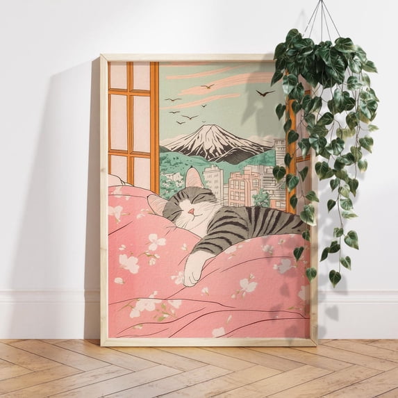Sleeping Gray Tabby Cat and Mount Fuji Japanese Landscape Wall Picture, Unframed Paper Poster 16x20in