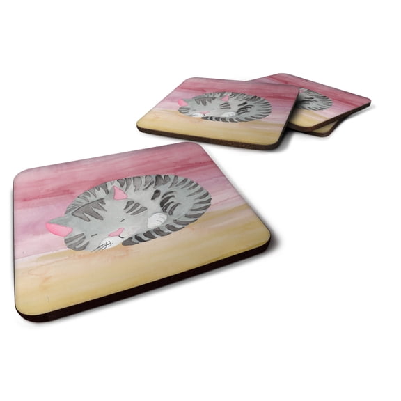 Sleeping Grey Cat Watercolor Foam Coaster Set of 4