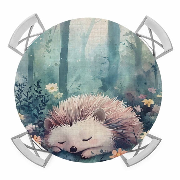 Sleeping Hedgehog Elastic Fitted Round Table Cover Watercolor Forest Flowers Waterproof Outdoor Tablecloth for Holiday Party, Picnic, Patio & Dining Fits Tables Up to 45"-54"