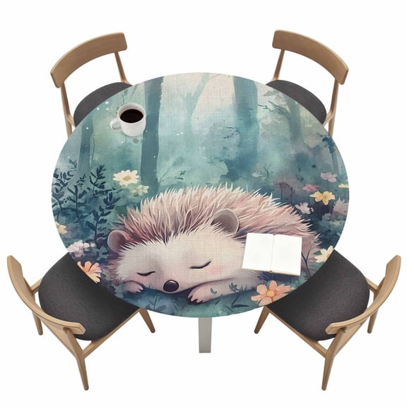 Sleeping Hedgehog Round Fitted Tablecloth with Elastic Edge Watercolor Spring Forest Flower Leaf Cute Animals Green Table Cover Fit for 45"-54" Tables Tablecloths for Dinner Camping Picnic