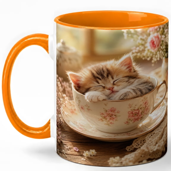 Sleeping Kitten Coffee Mug, Floral Teacup Cat Lover Design, 11 oz Ceramic Cup