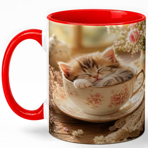 Sleeping Kitten Coffee Mug, Floral Teacup Cat Lover Design, 11 oz Ceramic Cup