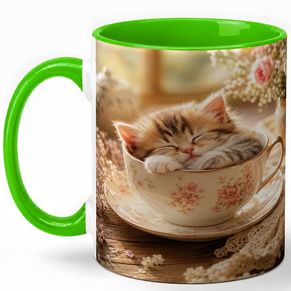 Sleeping Kitten Coffee Mug, Floral Teacup Cat Lover Design, 11 oz Ceramic Cup