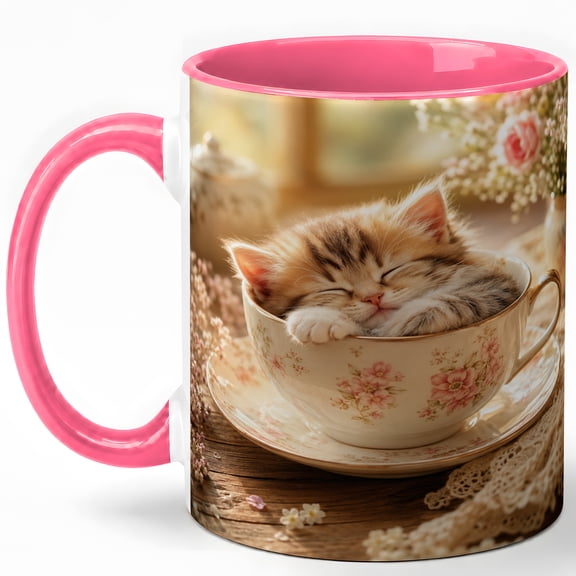 Sleeping Kitten Coffee Mug, Floral Teacup Cat Lover Design, 11 oz Ceramic Cup