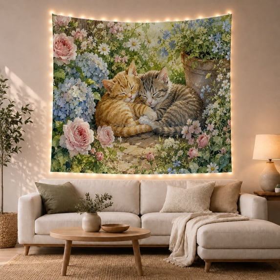 Sleeping Kittens in a Garden, Tranquil Watercolor Style for Cat Lovers, Floral Wall Art Housewarming Gift, Tapestry Wall Hanging for Living Room and Bedroom
