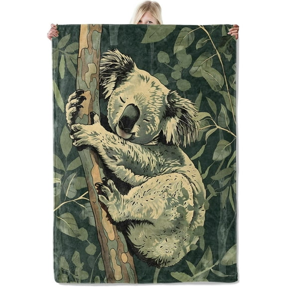 Sleeping Koala Throw Blankets 60x50 Inch Inches, Ultra Soft Cozy Warm Fuzzy Gifts for Kids Adults, Peaceful Koalas and Forest Leaves Pattern Polyester Blanket for Travel Camping Car Living Room Decor