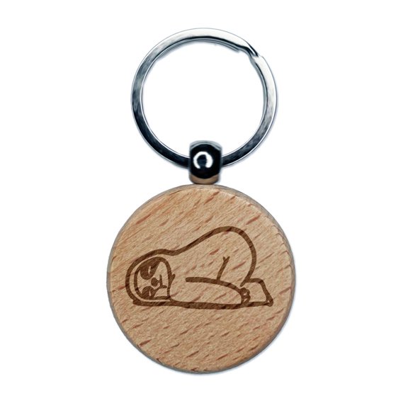 Sleeping Lazy Tired Sloth Butt Up Engraved Wood Round Keychain Tag Charm