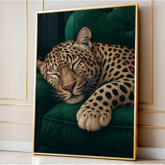 Sleeping Leopard Wall Art, Cheetah Print, Luxury Animal Print, Emerald Green Velvet Decor, Jungle Animal Poster,8x12 UNFRAMED