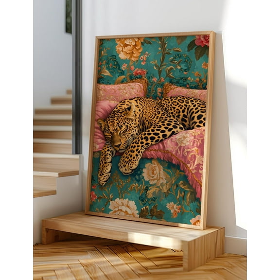 Sleeping Leopard Wall Art, Vintage Bed Print, Pink & Green Maximalist Wall Art, Jungle Eclectic Bedroom Decor, Boho, Wall Art Wall Art, Modern Wall Decor, 8x12 UNFRAMED