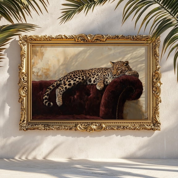 Sleeping Leopard on Burgundy Velvet: Cozy Moody Glam Wall Art Vintage Luxury Print Canvas