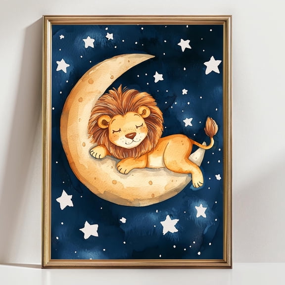 Sleeping Lion Moon Nursery Whimsical Animal Nature Portrait Wall Art Decor Unframed Paper Print