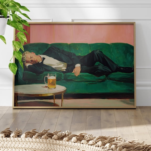Sleeping Man On Green Couch Beer Cocktail Retro Bar Cart Decor Him Home, Unframed Poster