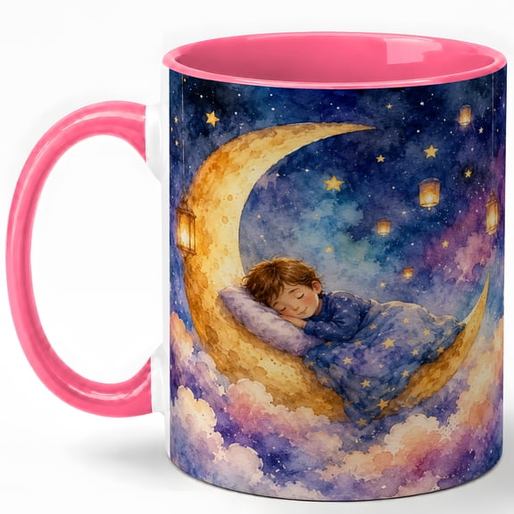 Sleeping Moon Boy 11oz Ceramic Mug, Dreamy Watercolor Night Art