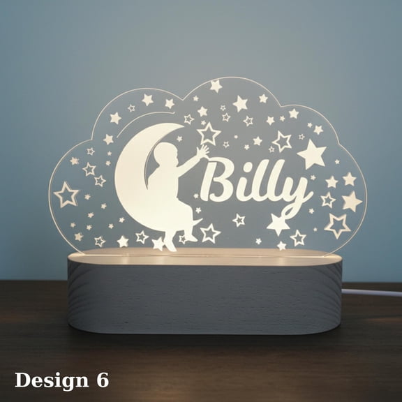 Sleeping Moon Cloud Stars Night Light, Flat 2D Acrylic Printed, Dreamy Sky Decor, Baby Shower Gift For Boy