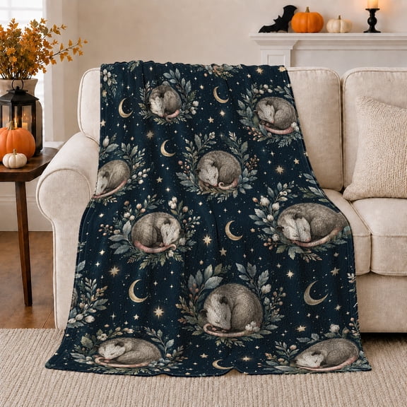 Sleeping Opossums Among Leafy Branches And Crescent Moons Print, Comfortable Flannel Blanket for Opossum Enthusiasts, Celestial Woodland Home Decor for Bedroom and Living Room, Birthday Gift