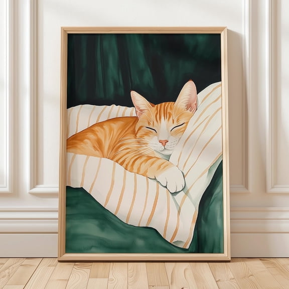 Sleeping Orange Cat Art Print, Cat Relaxing On Striped Pillow, Emerald Green Cozy Pet Lover Gift Wall Art, Modern Wall Decor, 8x12 UNFRAMED