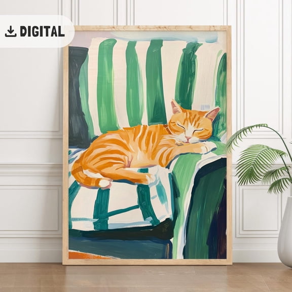 Sleeping Orange Cat, Contemporary Art Poster, Poster Red Stripe Kitten Bedroom Wall Decor, Unframed Poster Size 8x12