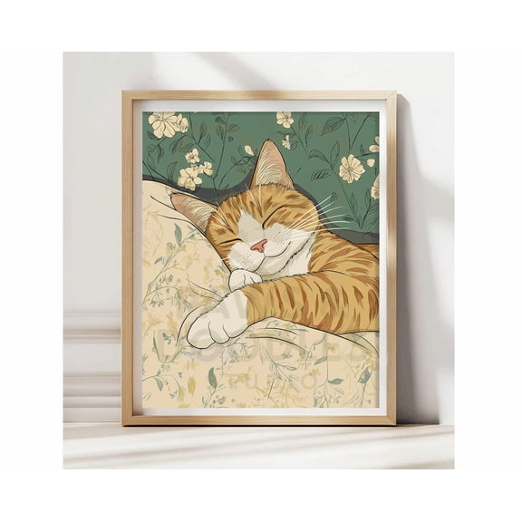 Sleeping Orange Cat Wall Art Japandi Zen Japanese Minimalist Ginger Tabby Cat Print, Unframed Paper Print