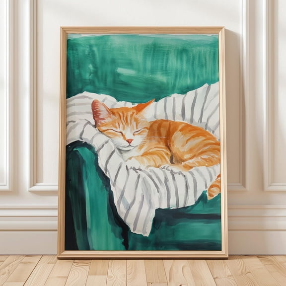 Sleeping Orange Cat Wall Art, Pet Lover Gift, Emerald Green Aesthetic Print For Cat Lovers, Cat Pet Portrait Wall Art, Modern Wall Decor, 8x12 UNFRAMED