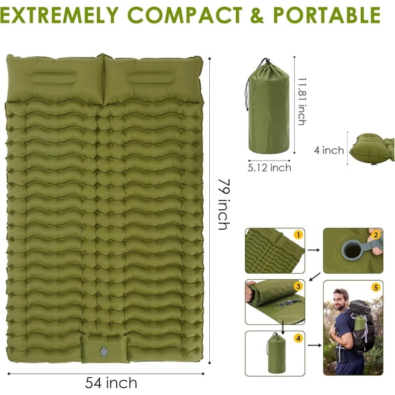 Sleeping Pad for Camping, Self Inflating 4" Extra-Thick Double Camping Cots for Adults with Pillows & Built-in Foot Pump, Ultralight Camping Mattress for Tent Hiking Essentials Gear (Green, Double)