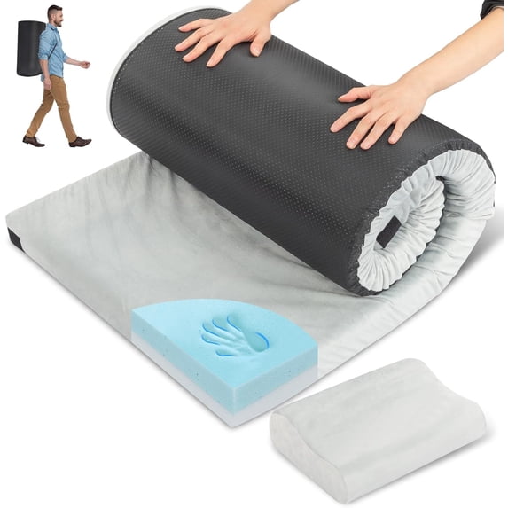 Sleeping Pad, Portable Camping Mat, CertiPUR-US Memory Foam Camping Mattress, Roll Up Floor Bed for Tent, Cot, Truck, Car, Outdoor Travel w/Portable Bag (3" with Pillow / 2.5" Without Pillow)