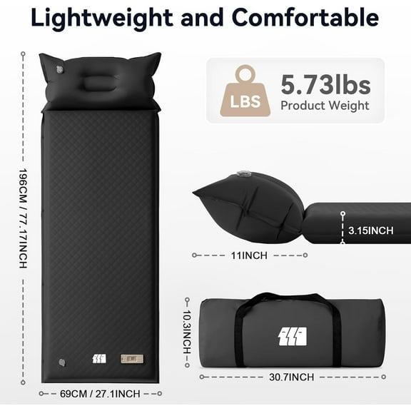 Sleeping Pad for Camping, 3.14" Thick Memory Foam Self Inflating Mattress with Pillow and Built-in Electric Pump, 4-Season Adult for Travel/Tent/Car