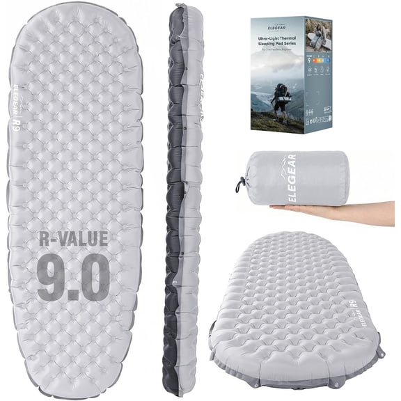 Sleeping Pad for Camping with 9 R-Value, 4-Inch Thick Inflatable Insulated Backpacking Mat in Grey, Single Mummy Size