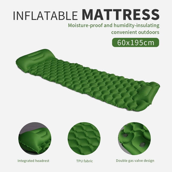 Sleeping Pad with Pillow Ultralight, 77”*23.6”*2.4” Inflatable Camp Sleeping Mat for Adult, Green