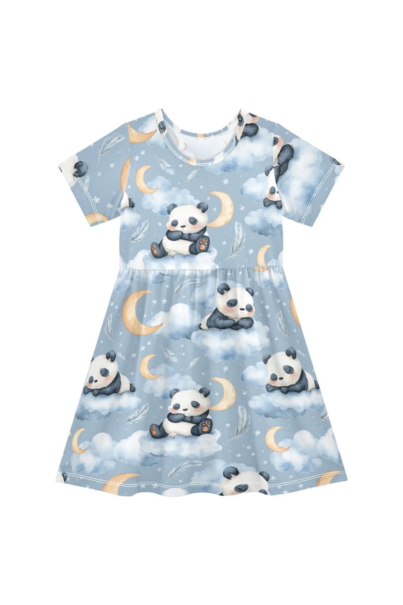 Sleeping Panda Short Sleeve Dress A-Line Cute Midi Casual Sundress 2-8 Years