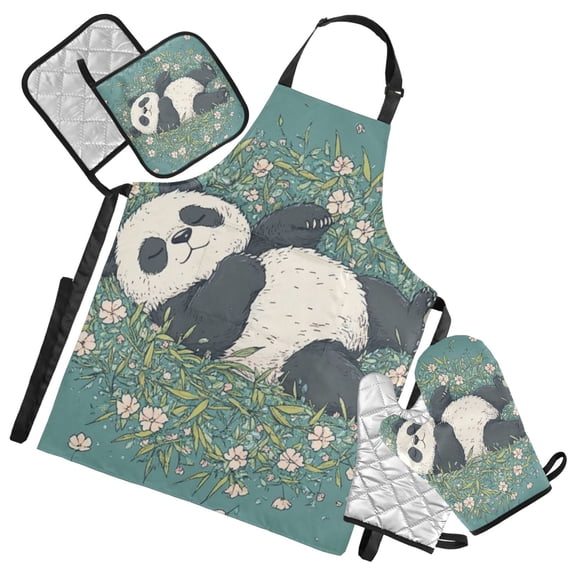 Sleeping Panda on Floral Oven Mitts and Pot Holders with Chef Apron Set 5 Pcs Kitchen Cooking Set