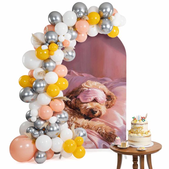 Sleeping Poodle Arch Backdrop Cover 4FT Eye Mask Animals Fluffy Fur Puppy Pink Spandex Fitted Arch Covers Stretchy Backdrop Decoration for Wedding Birthday Graduation Party