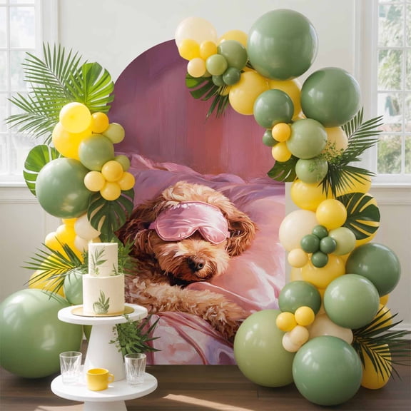 Sleeping Poodle Arch Backdrop Cover, 5FT, Eye Mask Animals Fluffy Fur Puppy Pink Spandex Arch Covers Double-Sided Backdrop for Wedding Birthday Party Photo Background Decoration