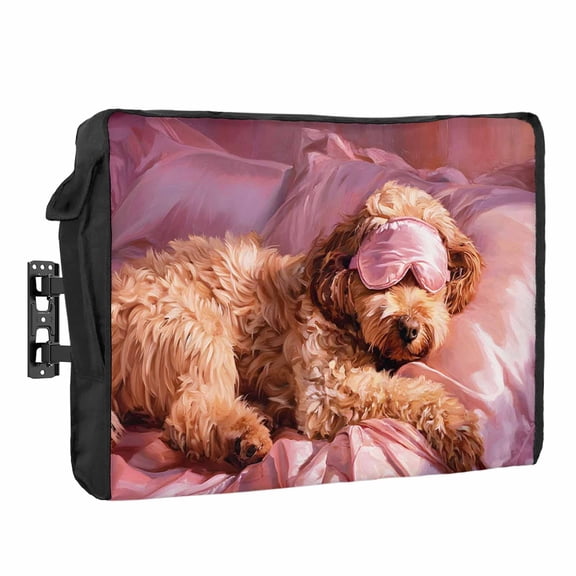 Sleeping Poodle Waterproof Outdoor TV Cover, Eye Mask Animals Fluffy Fur Puppy Pink Outside Weatherproof TV Enclosures for 48 to 50 Inch LCD Television Shield Flat Screen Protectors