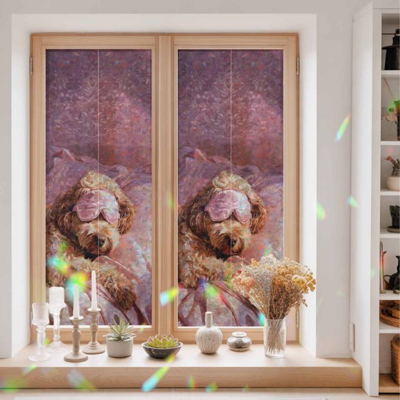 Sleeping Poodle Window Privacy Film Eye Mask Animals Fluffy Fur Puppy Pink Static Cling Stained Glass Window Film Non-Adhesive Decorative Decals Rainbow Sticker 23.6"X59"