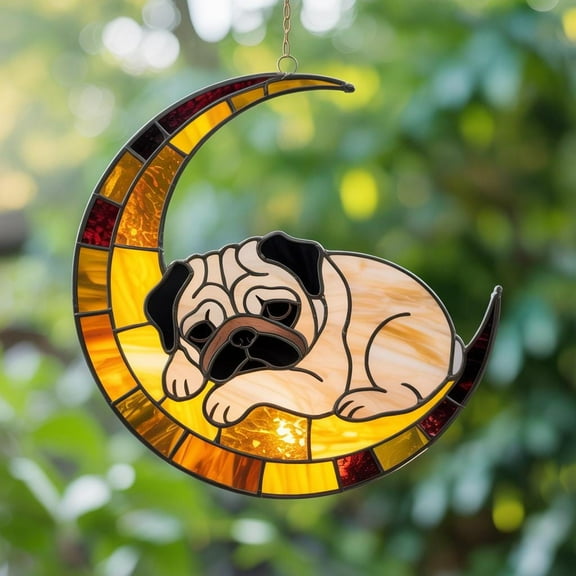 Sleeping Pug Acrylic Suncatcher Dog Lover Window Hanging, Moon & Puppy Home Decor, Memorial Dog Ornament, Dog Mom Gift