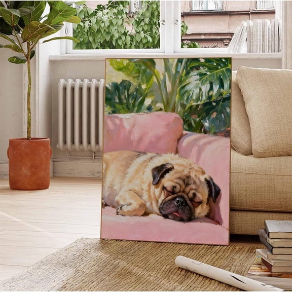 Sleeping Pug Art Poster Cozy Dog On Pink Sofa, Animal Lover Gift Home Decor, 24x36 UNFRAMED