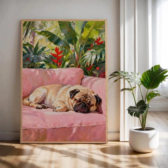Sleeping Pug Poster Tropical Sofa, Relaxed Dog Art Home Decor, 8x12 UNFRAMED