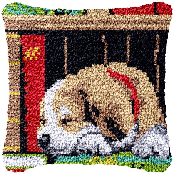 Sleeping Puppy Latch Hook Kits Pillow Cover DIY Rug Making Crochet Hook Cushion Making Kits with Preprinted Pattern Canvas DIY Needlework Crochet Kits Sofa Decor 43x43cm