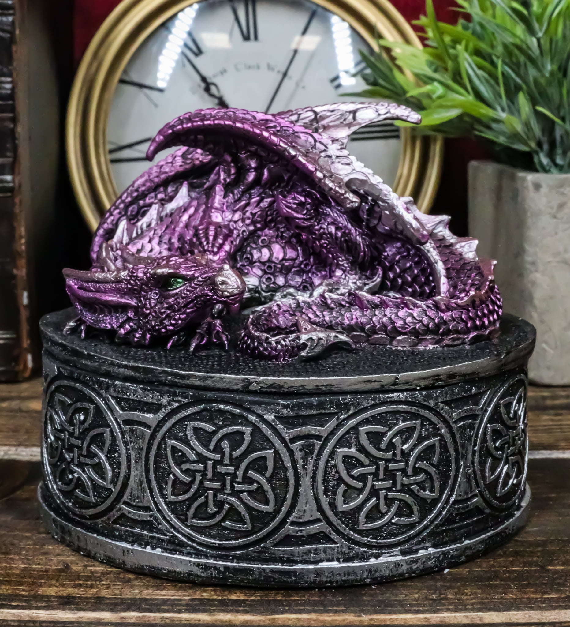 Sleeping Purple Dragon Oval Trinket Jewelry Box Figurine