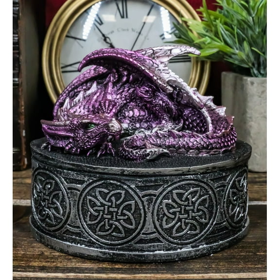 Sleeping Purple Dragon Oval Trinket Jewelry Box Figurine With Celtic Knotwork