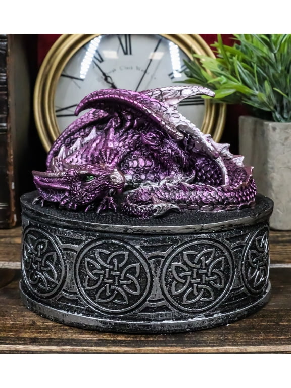 Sleeping Purple Dragon Oval Trinket Jewelry Box Figurine With Celtic Knotwork
