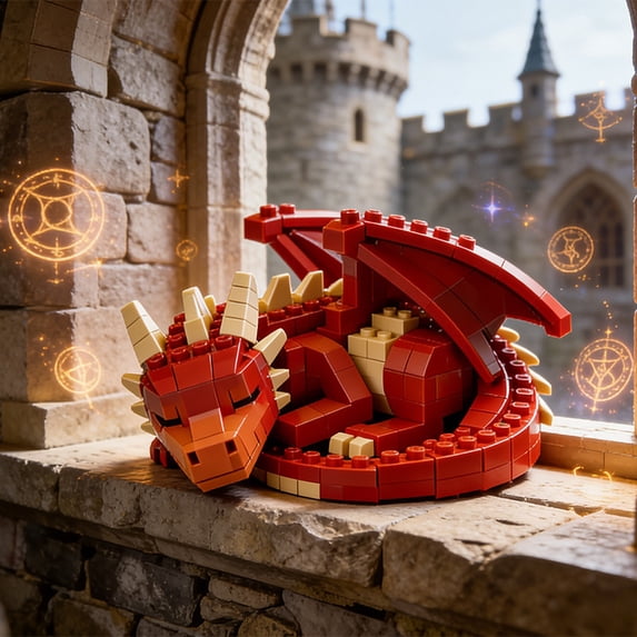 Sleeping Red Dragon Building Blocks Set – Cozy Fantasy Creature Decor, Whimsical Gift for Dragon Lovers, Compatible with Major Brick Brands