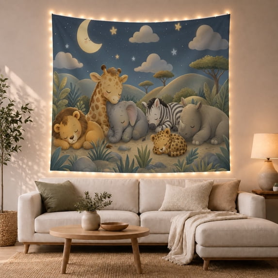 Sleeping Safari Animals Beneath a Crescent Moon, Cozy Illustration for Safari Fans, Nighttime Nursery Decor, Birthday Gift, Tapestry Wall Hanging for Bedroom and Living Room