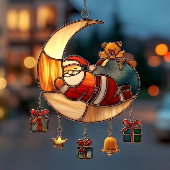 Sleeping Santa Faux Stained Glass Suncatcher Acrylic Window Hanging Christmas Ornament
