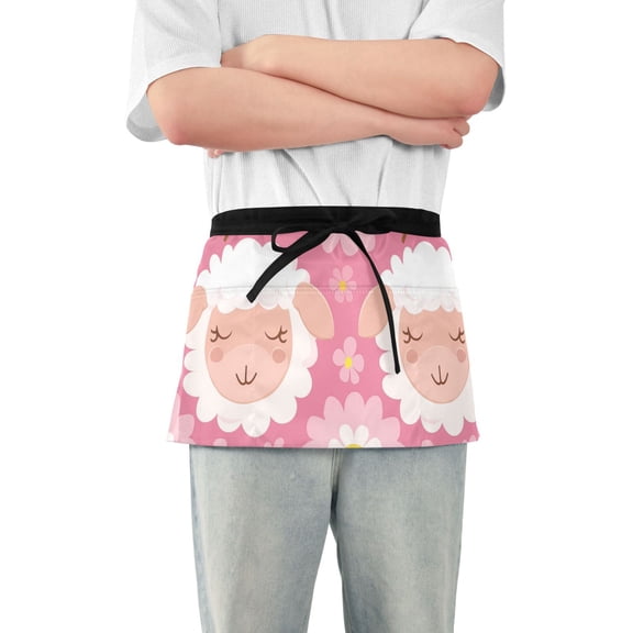 Sleeping Sheep Cartoon Daisies Short Server Apron with 3 Pockets for Unisex Chef Gardening