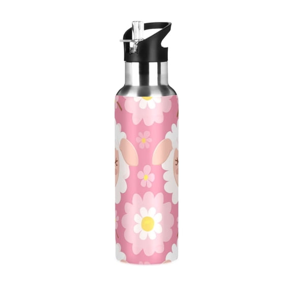Sleeping Sheep Cartoon Daisies Sports Bottle with Straw Stainless Steel Water Jug Portable Thermal Cup Leak-proof 600ML