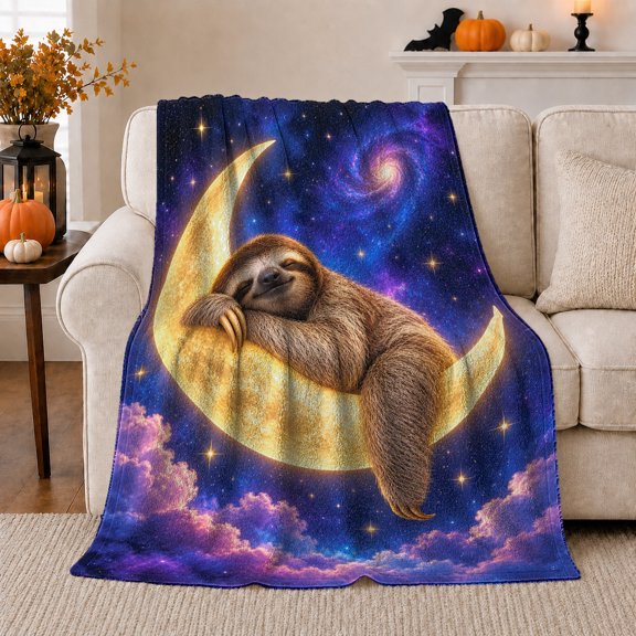 Sleeping Sloth on Crescent Moon, Serene Fantasy Night Sky Style for Sloth Lovers, Dreamy Moon and Stars Scene and Just Because Gift, Cozy Flannel Blanket for Bedroom and Reading Nook, Home Decor