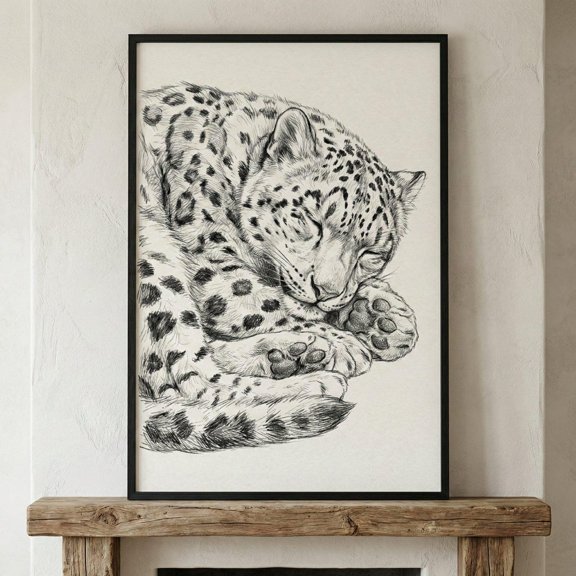 Sleeping Snow Leopard Sketch Wall Decor Unframed Paper Print